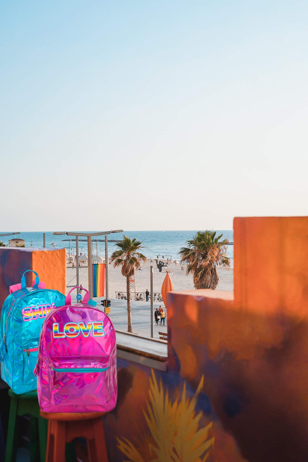 Trailmaker Holographic Laser Leather Backpack and Casual Travel Daypack in Blue and Pink with Rainbow Sayings (Pink)
