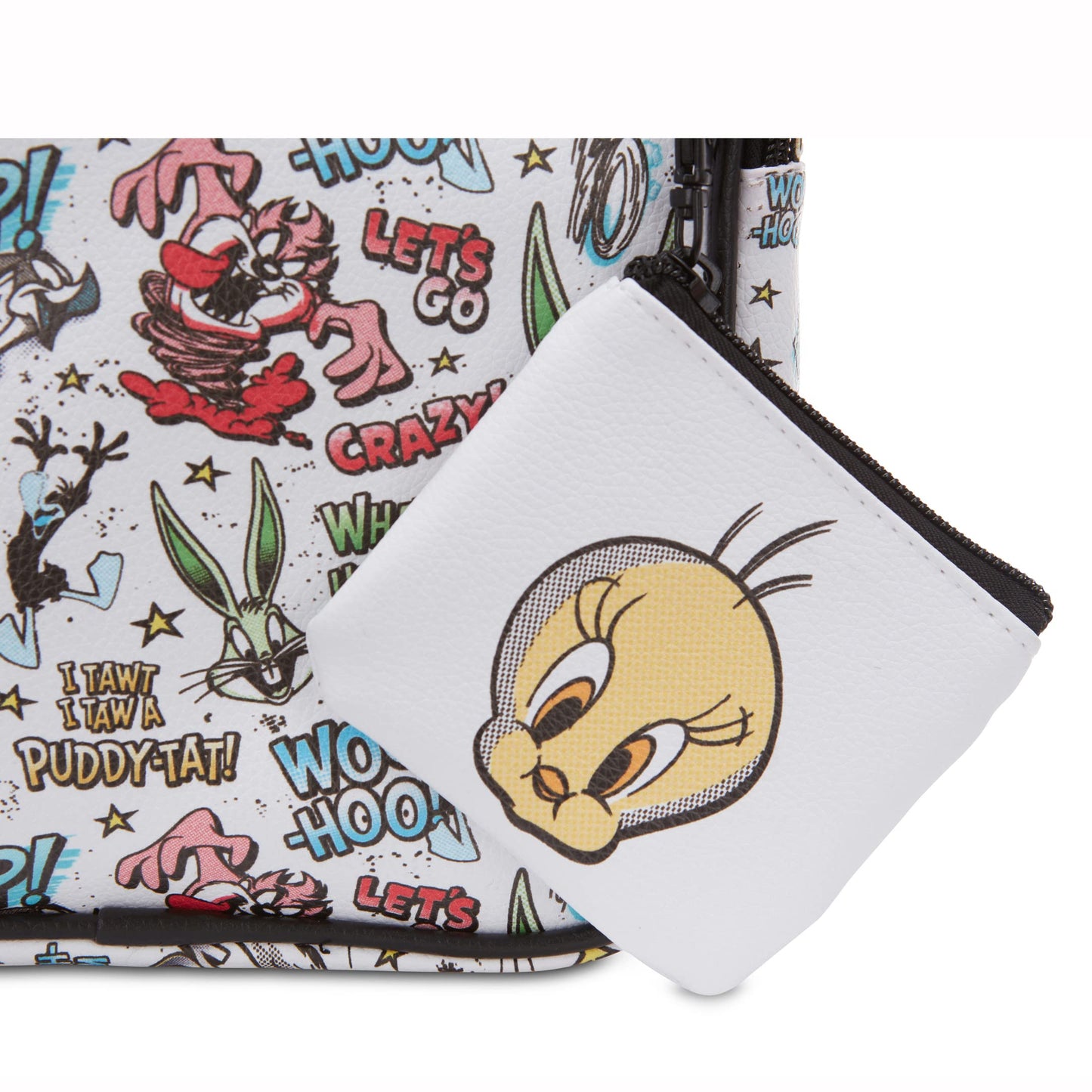 AI ACCESSORY INNOVATIONS Looney Tunes All Over Print Faux Leather 10.5" Womens White Mini Backpack Purse 2-Piece Set