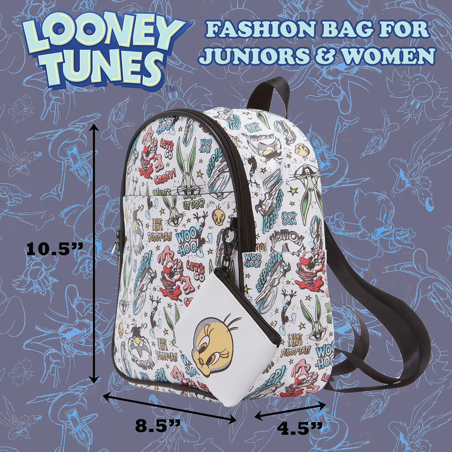 AI ACCESSORY INNOVATIONS Looney Tunes All Over Print Faux Leather 10.5" Womens White Mini Backpack Purse 2-Piece Set