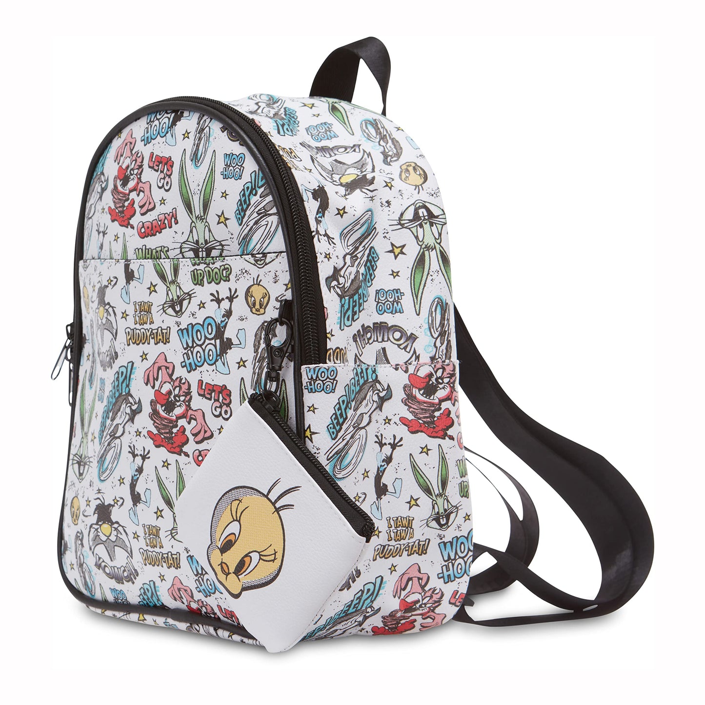 AI ACCESSORY INNOVATIONS Looney Tunes All Over Print Faux Leather 10.5" Womens White Mini Backpack Purse 2-Piece Set