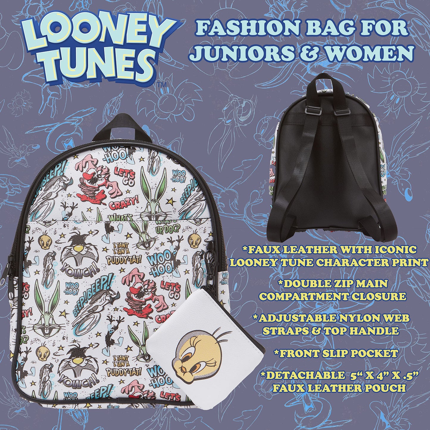 AI ACCESSORY INNOVATIONS Looney Tunes All Over Print Faux Leather 10.5" Womens White Mini Backpack Purse 2-Piece Set