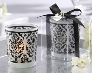 Damask Frosted Glass Tea Light Holder with Kate Aspen Signature Charm & soy tealight (Set of 4)