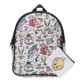 AI ACCESSORY INNOVATIONS Looney Tunes All Over Print Faux Leather 10.5" Womens White Mini Backpack Purse 2-Piece Set