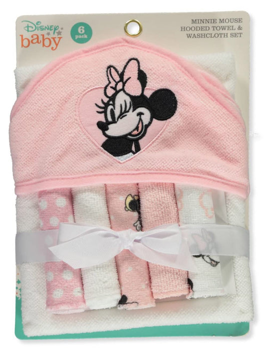 Disney Baby Minnie Mouse Hooded Towel with 5 Piece Washcloth Set, Rosy Dream Print, GS71796