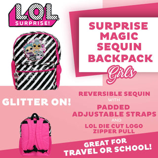 LOL Dolls Backpack for Girls, Brush Sequin Bookbag with Front Pocket, Padded Back and Adjustable Shoulder Straps, Kid's Lightweight Daypack for School, Camping or Travel, Black Pink