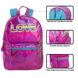 Trailmaker Holographic Laser Leather Backpack and Casual Travel Daypack in Blue and Pink with Rainbow Sayings (Pink)