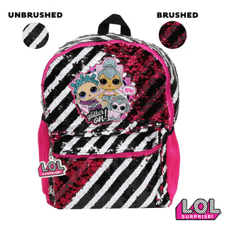 LOL Dolls Backpack for Girls, Brush Sequin Bookbag with Front Pocket, Padded Back and Adjustable Shoulder Straps, Kid's Lightweight Daypack for School, Camping or Travel, Black Pink