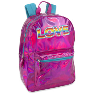 Trailmaker Holographic Laser Leather Backpack and Casual Travel Daypack in Blue and Pink with Rainbow Sayings (Pink)