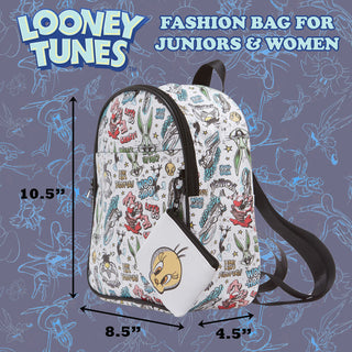 AI ACCESSORY INNOVATIONS Looney Tunes All Over Print Faux Leather 10.5" Womens White Mini Backpack Purse 2-Piece Set